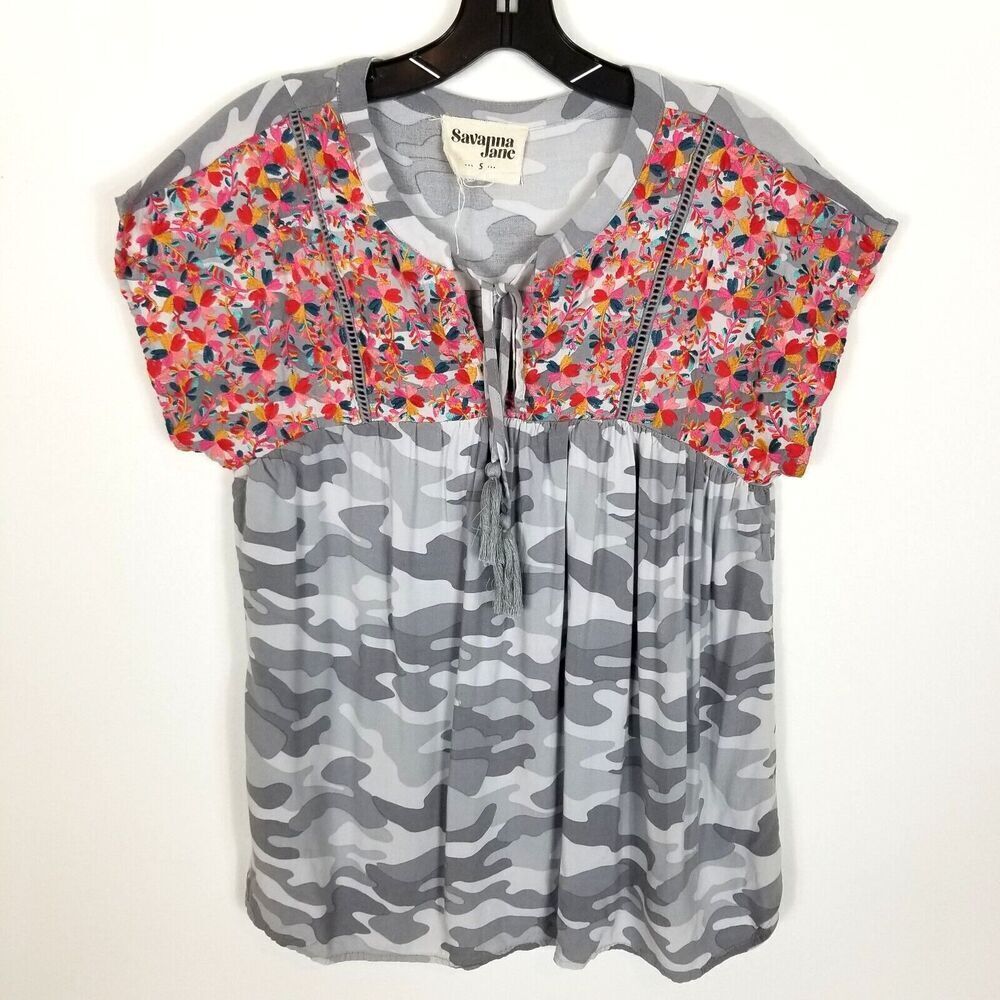 Savanna Jane Women Embroidered Camo Shirt Size S Tassel Boho‎ Blouse